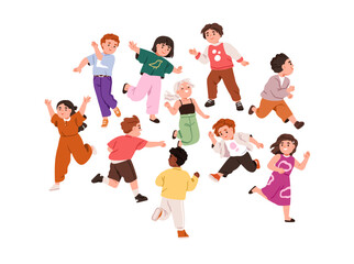 Happy kids group. Cute funny active kindergarten children playing, running, laughing and dancing. Energetic playful boys and girls having fun. Flat vector illustration isolated on white background