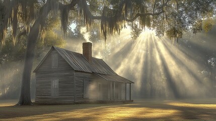 Sunrise beams on rustic cabin, misty Southern swamp, peaceful morning scene