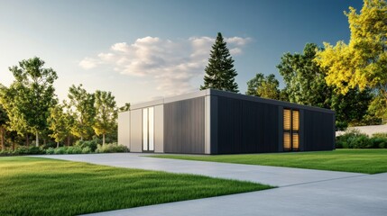 Modern architectural design of sleek home surrounded by lush greenery and clear blue skies in evening light