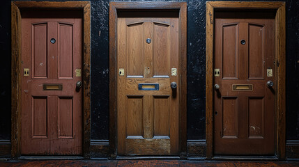 Doors lined up in a dimly lit corridor showcasing vintage wood craftsmanship and unique designs in an old building. Generative AI