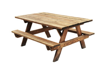 Wooden picnic table isolated on transparent white background, clipping path