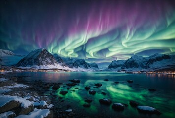 Naklejka premium mountain landscape with lake and mountains and northern lights