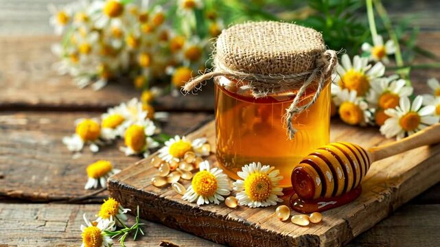 Sweet Honey Jar with Chamomile Flowers and Honey Dipper