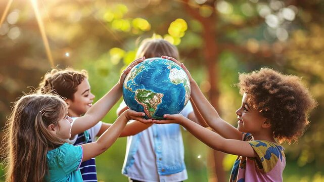 children hold a globe on the background of nature. selective focus