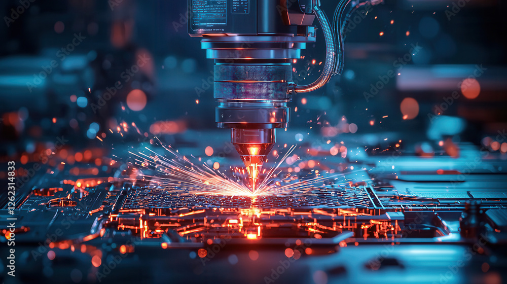Poster high tech laser cutting machine creating sparks in modern workshop