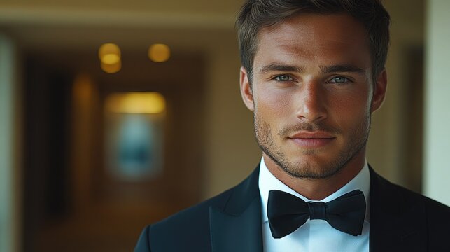 Confident young man in formal attire poses with elegance at a sophisticated venue during evening hours