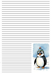 Lined form or notebook sheet for text entries. At the bottom of the image is a watercolor drawing of a penguin wearing glasses and a hat.