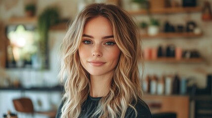 Young woman with wavy hair smiles warmly in a cozy cafe setting during the afternoon