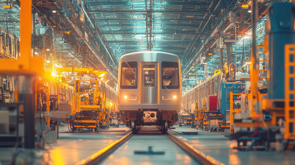 Fototapeta premium Modern train production facility with polished stainless steel trains and vibrant lighting