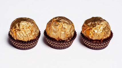Golden wrapped hazelnut chocolates sitting in a row exuding an elegant and delicious appeal.