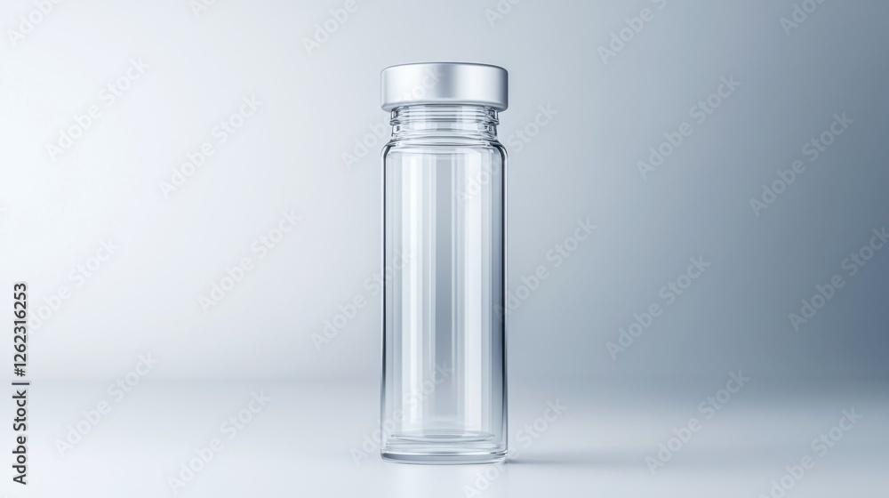 Poster transparent glass bottle with silver cap on a minimalistic background for product display and brandi
