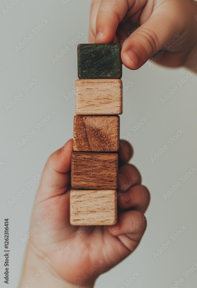 Poster a businessman aligns correctly marked wooden blocks side by side to form a quality document checklis
