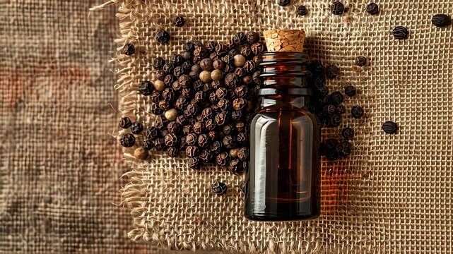 black pepper essential oil on burlap background. selective focus