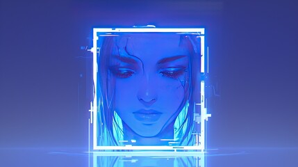 Face in a blue frame with bright lines, background is glowing, use for tech