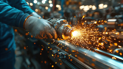 Skilled worker operating a tool creates bright sparks in a busy workshop environment during daytime hours. Generative AI