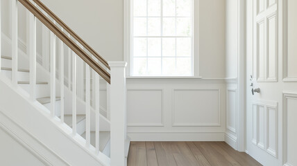 Bright and airy interior of modern staircase with wooden railing, featuring large window and elegant paneling. light wood floor adds warmth to space