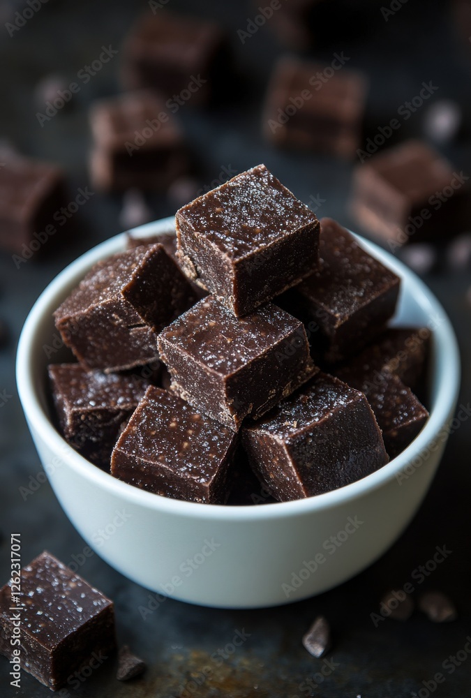 Poster delicious chocolate fudge cubes arranged in a white bowl with a rustic background showcasing rich te