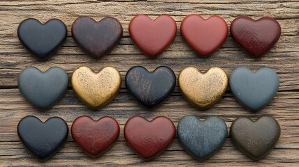 Obraz premium Colorful Heart Shapes on Wooden Background for Decorative Use