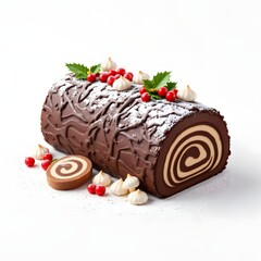 Festive yule log cake with chocolate ganache and holiday decorations