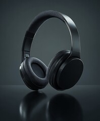 Elegantes auriculares negros sobre una superficie pulida,reflejando luz y añadiendo un toque moderno al entorno.