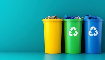 Colorful Recycling Bins Against Teal Background
