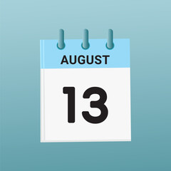 13th August daily calendar icon template. August 13 day calendar design. Single day calendar in vector illustration flat style.