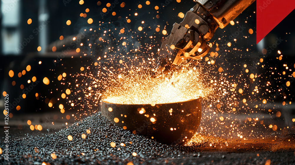 Poster automated steel processing with sparks flying, showcasing advanced technology and precision in manuf