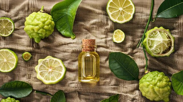 bergamot and lime essential oil on burlap background. selective focus