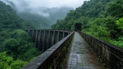 Misty Rainforest Path Weathered Stone Walkway Through Lush Green Vegetation