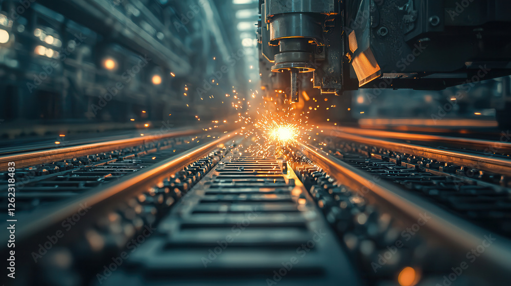 Poster automated steel stamping machine creating sparks in factory setting