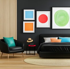 Modern Bedroom with Black Leather Bed and Colorful Abstract Art