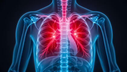 x ray of human lungs is red due to pneumonia. X-ray photo image of chest. X-ray lungs radiography. Human Respiratory System Anatomy
