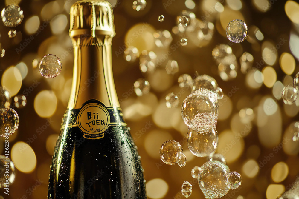 Aufkleber a bottle of bii tuen champagne with many bubbles floating around it against a bokeh background of go