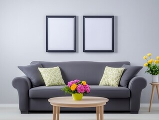 Modern Gray Sofa In Minimalist Living Room With Yellow Flowers