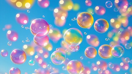 Colorful Soap Bubbles Floating Against a Clear Blue Sky Background
