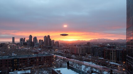 Fototapeta premium UFO Sightings over City Skyline at Sunset