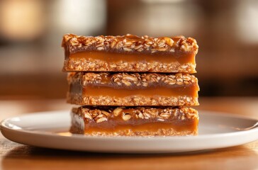 Delicious homemade caramel dessert bars stacked on a white plate with a blurred warm background in a cozy indoor setting.