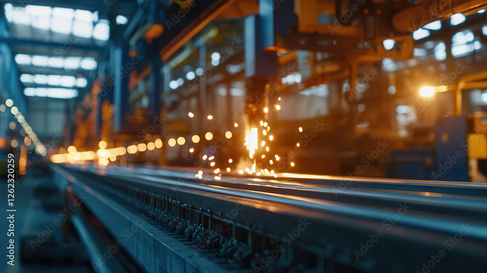 Poster high tech manufacturing process with sparks flying in factory setting