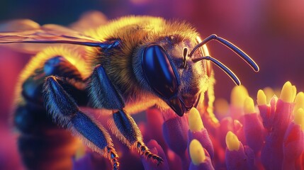 Close up of a vibrant bee collecting nectar. Natures diligent worker