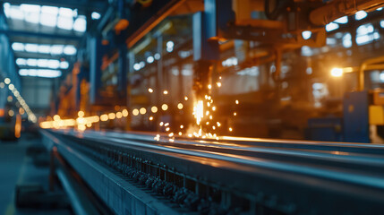 Obraz premium High tech manufacturing process with sparks flying in factory setting