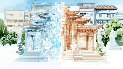 Ancient Temple Meets Modern Hologram  Futuristic Asian Architecture