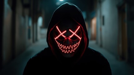 A futuristic, hooded figure with a glowing neon mask and red X eyes stands menacingly in a dark cyberpunk environment. 