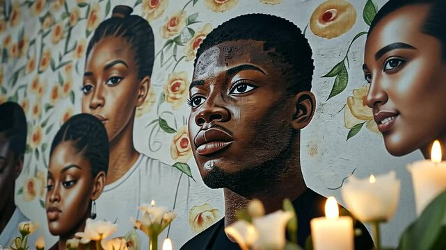 Mural honoring victims of police brutality with memorial flowers and candles
