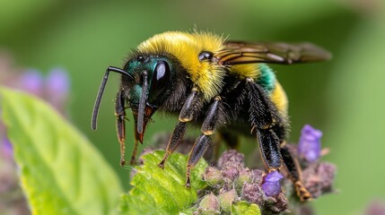 Fototapeta premium Close up of a vibrant bee collecting nectar. Natures diligent worker