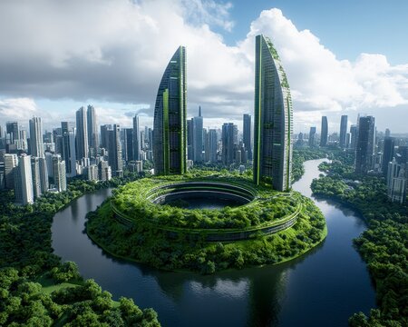 Futuristic Green Cityscape Aerial View