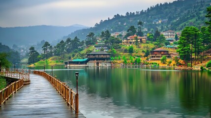 Fototapeta premium Misty mountain lake, wooden boardwalk, scenic village, tranquil morning