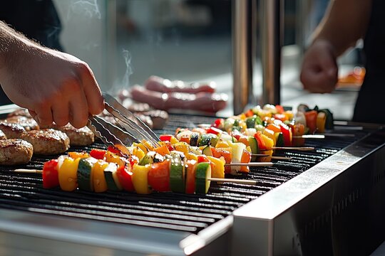 Outdoor grilling chef prepares vibrant veggie skewers and burgers, sausages sizzle in background, food festival
