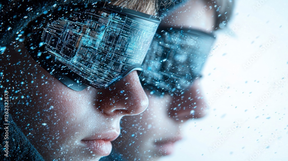 Poster futuristic scientists in ar goggles digital data streams cyberspace