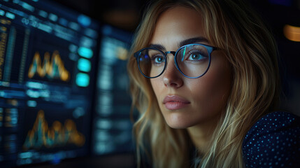 Young woman with glasses focuses on digital data analysis in a dimly lit workspace at night. Generative AI