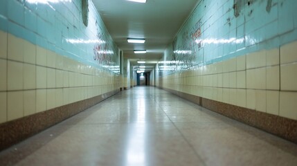 Long, empty, tiled hallway with graffiti and peeling paint.